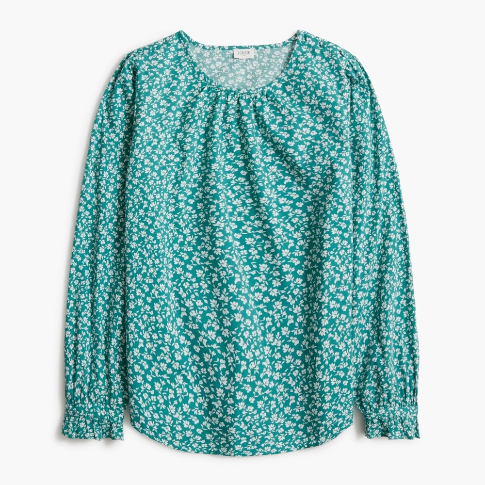 J. CREW Shirred Neck Blouse in Floral Mystic Teal Ivory Long Sleeves Size L